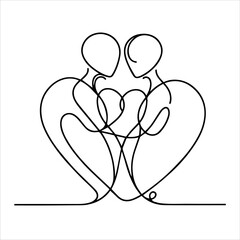 One line male and female hand are drawn to the heart design silhouette. Valentine's Day.