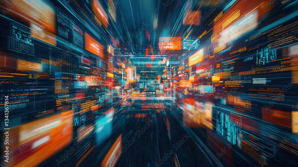 Aufkleber dynamic digital artwork showcasing futuristic data network with vibrant colors and motion effects