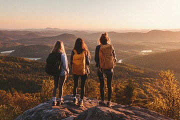 In the mountains, a trio of young tourists, including two men and one woman, walk along a route while carrying backpacks