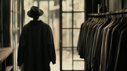 Naklejka premium Man in hat browsing clothes in a dark, stylish boutique.