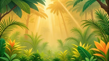 Lush tropical jungle with vibrant foliage and sunlight streaming through the trees.