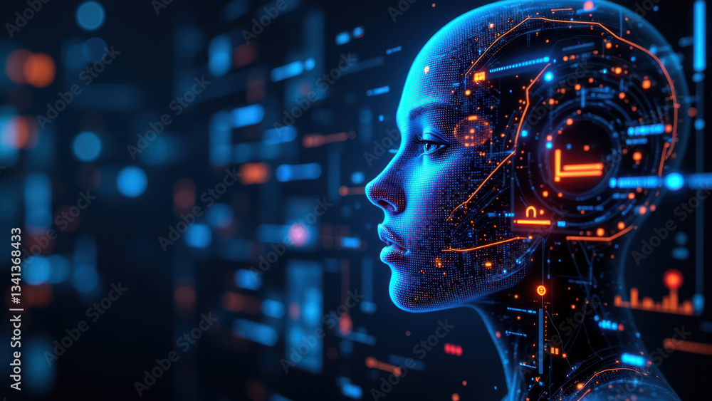 Poster a futuristic digital human avatar with cybernetic elements set against a vibrant abstract data backg