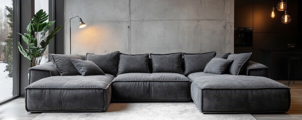 a modern, luxurious gray sectional sofa with comfortable cushions, showcasing a minimalist interior design