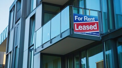 Modern apartment building featuring a sign indicating availability for rent or lease