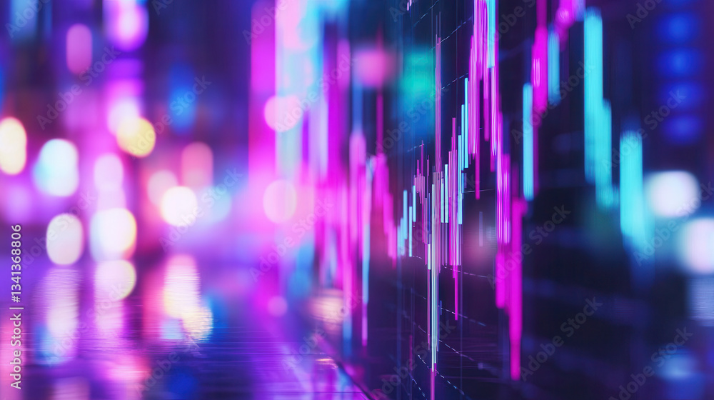 Poster vibrant digital display of financial data with glowing charts and graphs, symbolizing technology and