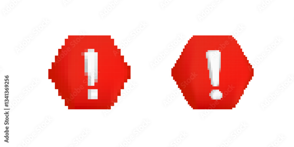 Poster two red exclamation marks within hexagonal shapes signify urgency or caution and attract attention.