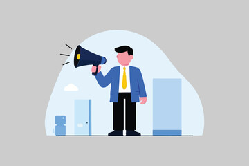confident young businessman using megaphone speaking out loud to be heard in public. raging businessman furious shouting order on megaphone and pointing finger.