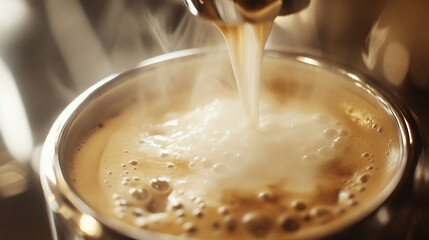 Barista&acirc;s Coffee Art: A close-up of steamed milk being poured into espresso, creating a perfect latte design.