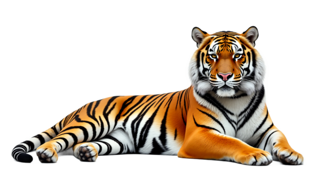 Serene adult tiger lying down isolated on transparent background. Ideal for wildlife designs, educational content, branding, Chinese New Year themes. Photorealistic, detailed fur.