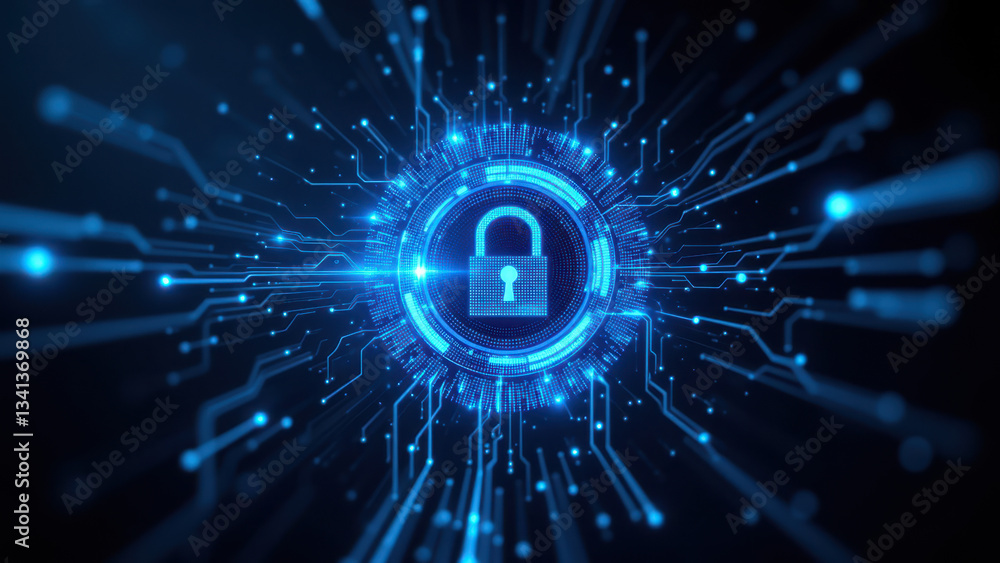 Aufkleber cybersecurity graphic featuring a digital lock with a glow effect representing data protection and s