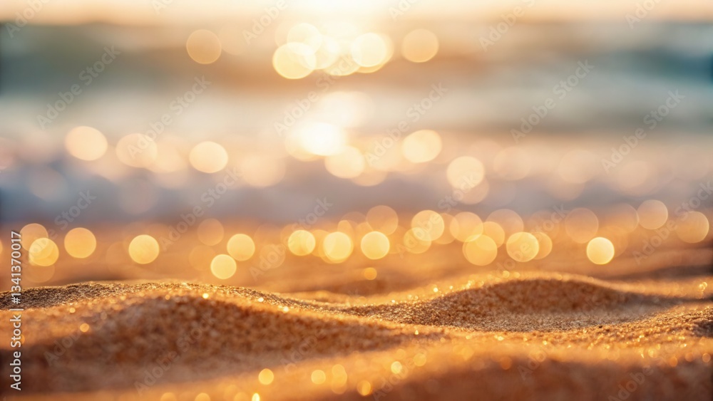 Aufkleber gentle ocean waves and shimmering bokeh create a serene beach scene at sunset.