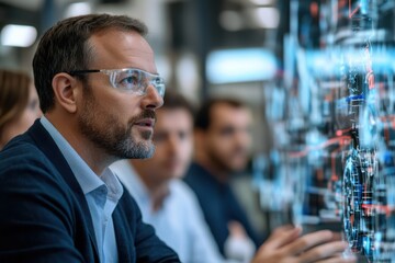 Fototapeta premium A group of engineers are focused on innovative technology solutions displayed on interactive screens, emphasizing the future of engineering and teamwork in problem-solving.
