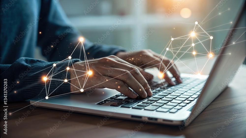 Poster a person types on a laptop, with a digital network of connected nodes and lights surrounding their h