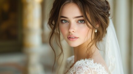 A young woman poses gracefully in a stunning bridal gown, showcasing delicate lace and soft natural makeup. The rich background enhances her serene expression and beautiful features.