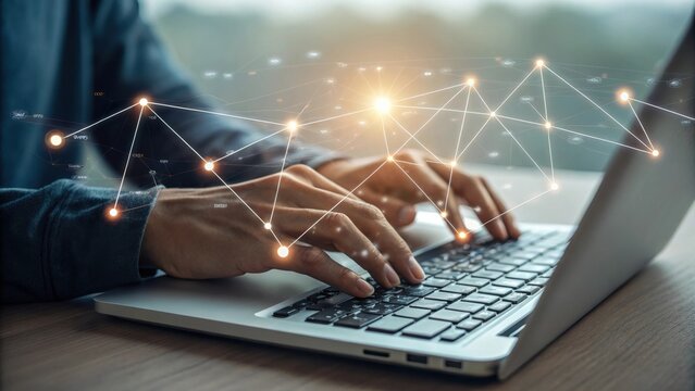 A person types on a laptop, with a digital network graphic overlay representing connectivity and data flow.