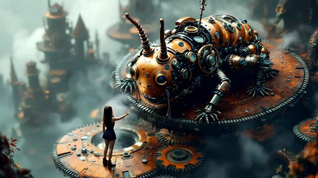 A young woman gazes at a large, steampunk insect-like machine emitting vapor. Dystopian future, retro-technology fusion. Challenging the unknown. 4k 60 fps.