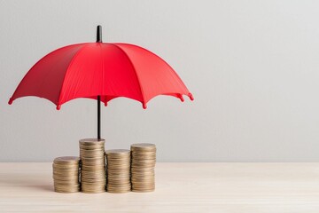 A red umbrella shields stacked coins on a wooden table, set against a white wall, representing the security of investments and savings through risk protection