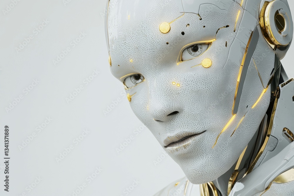 Poster a cybernetic humanoid with exposed circuits represents the evolution of robots in this futuristic hi