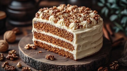 Soft moist carrot cake topped with cream cheese frosting and walnuts sliced and served on a rustic bakery table surrounded by vintage bakery dcor