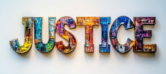 Naklejka premium Colorful Justice Word Art Bold Multicolored Letters Spell Out Justice on a Clean White Background