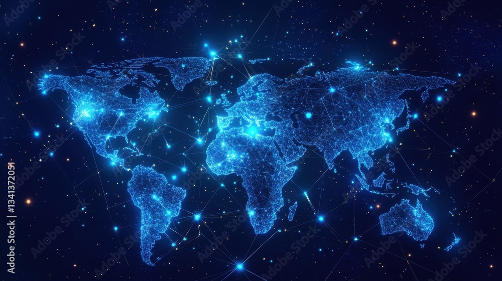 Poster abstract glowing digital world map with a futuristic technology network and cyber elements.
