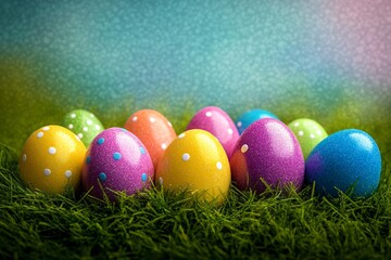 A vibrant cluster of Easter eggs on lush grass, perfect for spring celebrations, Easter events, or creative designs related to egg hunts and family gatherings.
