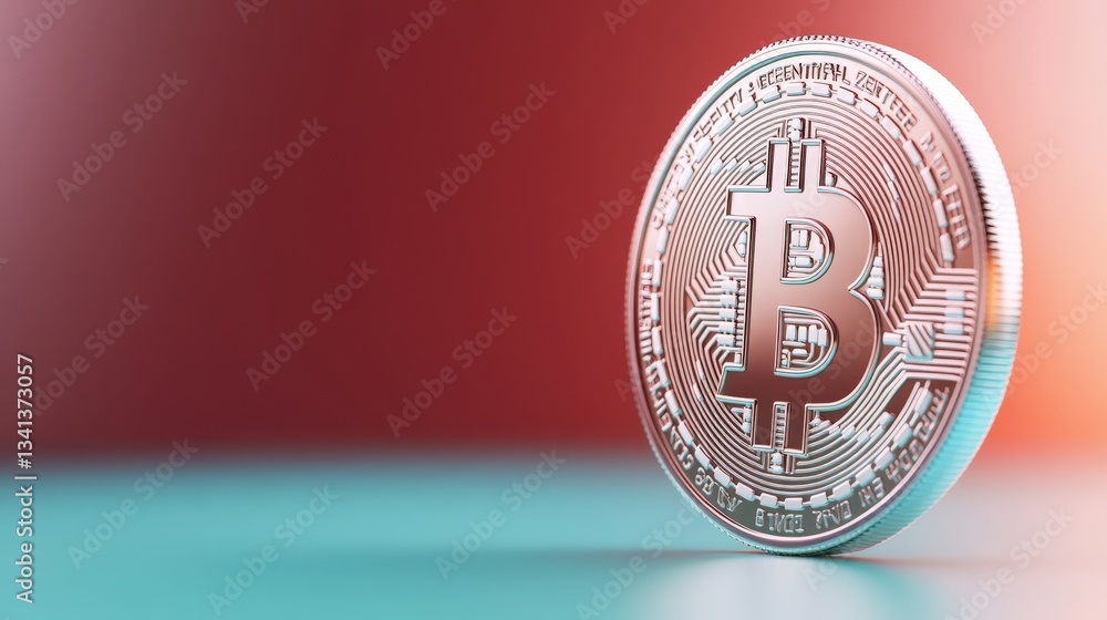 Poster a shiny bitcoin coin rests on a smooth surface, representing digital currency and modern finance in 