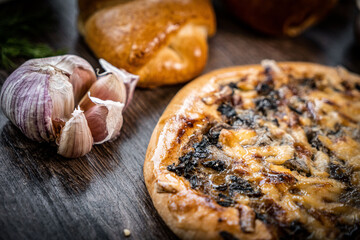 Pie and homemade bread, pizza or pie ingridients, food flat lay on kitchen table background. Working with butter, milk, yeast, flour, eggs, sugar pastry or bakery cooking. Text space