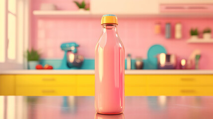 A pink plastic bottle with a yellow cap stands on a surface with a blurred background featuring yellow and pink kitchen elements.
