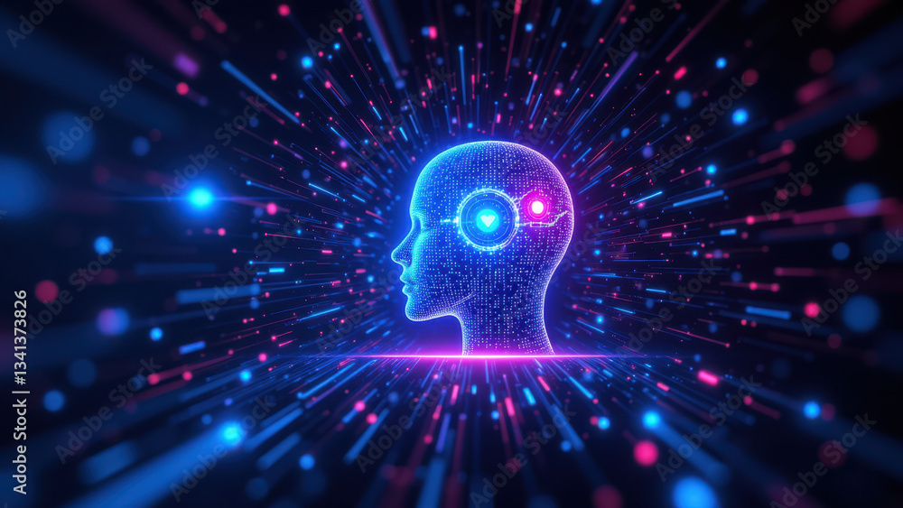 Poster cybersecurity concept with digital brain and colorful cybernetic energy flow background.