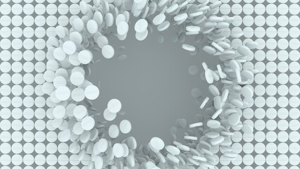 3d rendering of white medical pills scattered around a larger hole in a structured pattern, symbolizing drug shortage or medical crisis