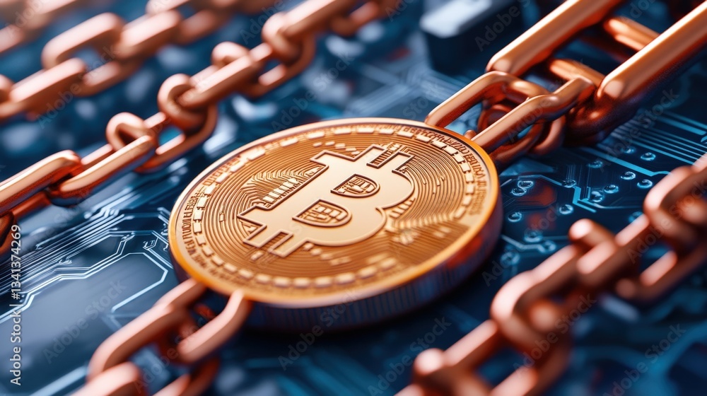 Aufkleber a visually striking depiction of a bitcoin coin connected by metallic chains, symbolizing the inters
