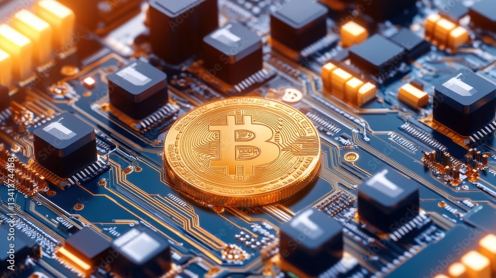 Aufkleber a visually detailed depiction of a bitcoin on a computer motherboard, symbolizing the intersection o