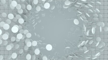 3d rendering of white medical pills floating and scattering around a broken hole in a structured pattern, symbolizing pharmaceutical instability