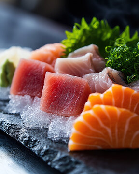 Sashimi platter on obsidian slate, ice mist rising between toro slices, blue hour light from 45&deg; angle, depth of field