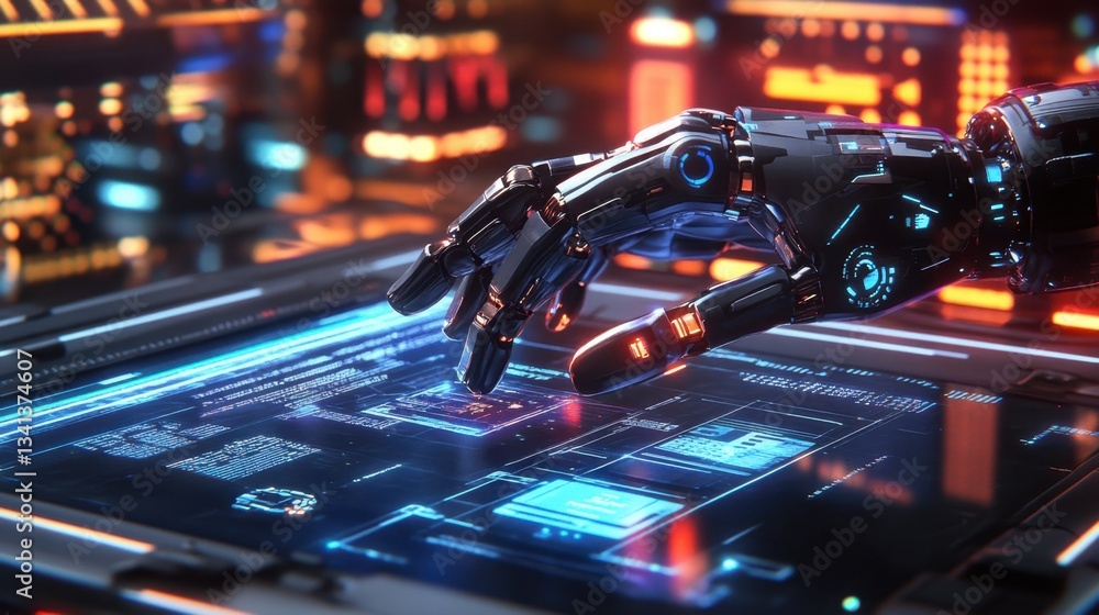 Poster artificial intelligence robotic hand interacting with futuristic holographic data.