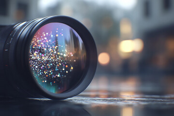 Close-up view of camera lens capturing light