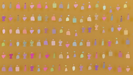 Abstract composition of colorful human-like shapes arranged in rows on a warm brown background, minimalist geometric design