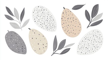 Elegant Abstract Fruit and Leaf Illustrations in Beige and Gray Tones