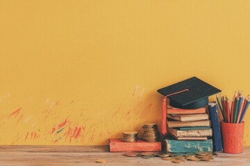 Graduation cap with coins on a yellow background, symbolizing savings for education, school allowance, or financial literacy