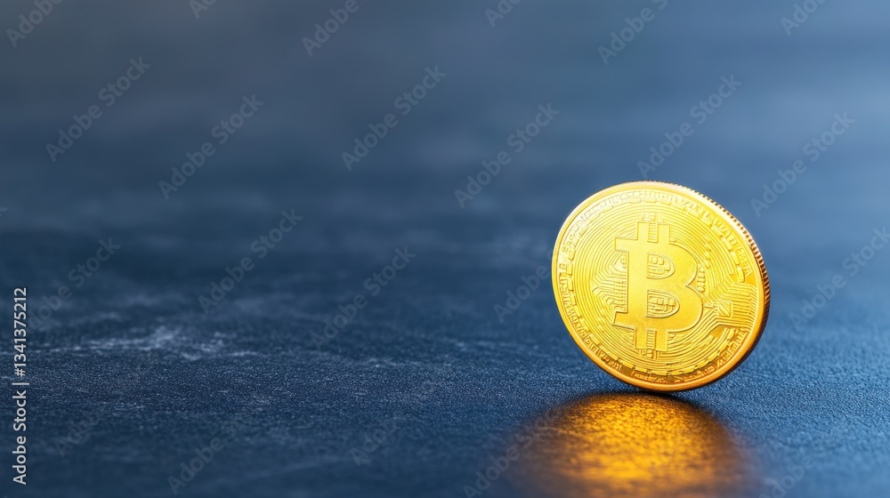 Poster a shiny bitcoin coin is displayed on a dark surface, reflecting light and symbolizing cryptocurrency