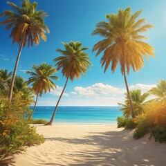 Fototapeta premium Serene tropical beach with golden sand, turquoise waves, and palm trees at golden hour