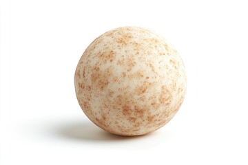 Fototapeta premium A speckled, off-white egg with brown spots sits on a white background.