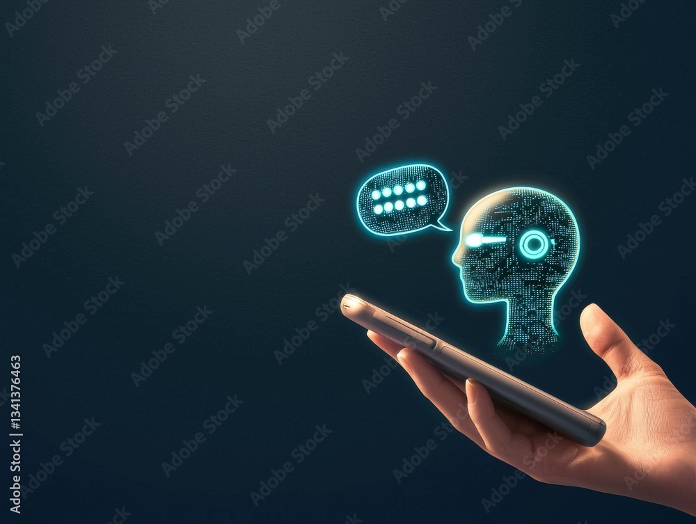 Poster smartphone users engage in discussions with digital chatbots and robots powered by stock and chat te