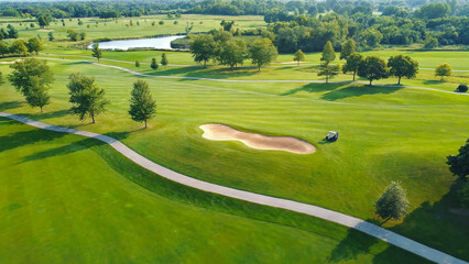 Scenic aerial view of a green golf course. Aerial perspective of a lush green golf course featuring manicured fairways, sand bunker, a winding pathway, scattered trees.