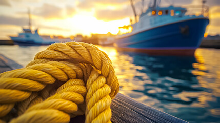 Obraz premium Boats and yellow rope at sunset by the harbor create a tranquil maritime atmosphere
