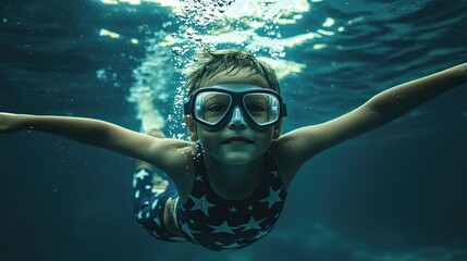Fototapeta premium Young boy wearing goggles swims underwater with outstretched arms