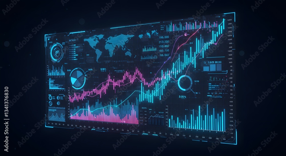 Poster futuristic digital interface showing complex data analysis and global trends