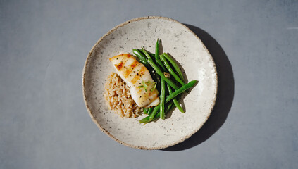 Grilled white fish with brown rice and green beans