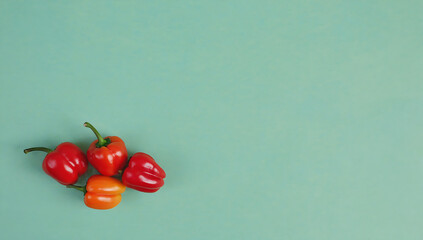 Red and orange peppers on a green background